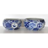 Two Japanese Meiji period blue and white bowls with panelled decoration of floral and abstract