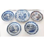 Five 18th century Chinese Export porcelain plates including a clobbered octagonal example, decorated