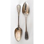 WILLIAM EATON; a pair of George IV hallmarked silver serving spoons, each with engraved initials 'H'