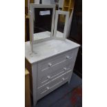 A white painted dressing table with triptych mirror above a base of three drawers, width 87cm.