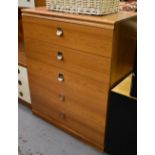 A contemporary five-drawer teak chest of drawers, height 102cm, width 84cm.
