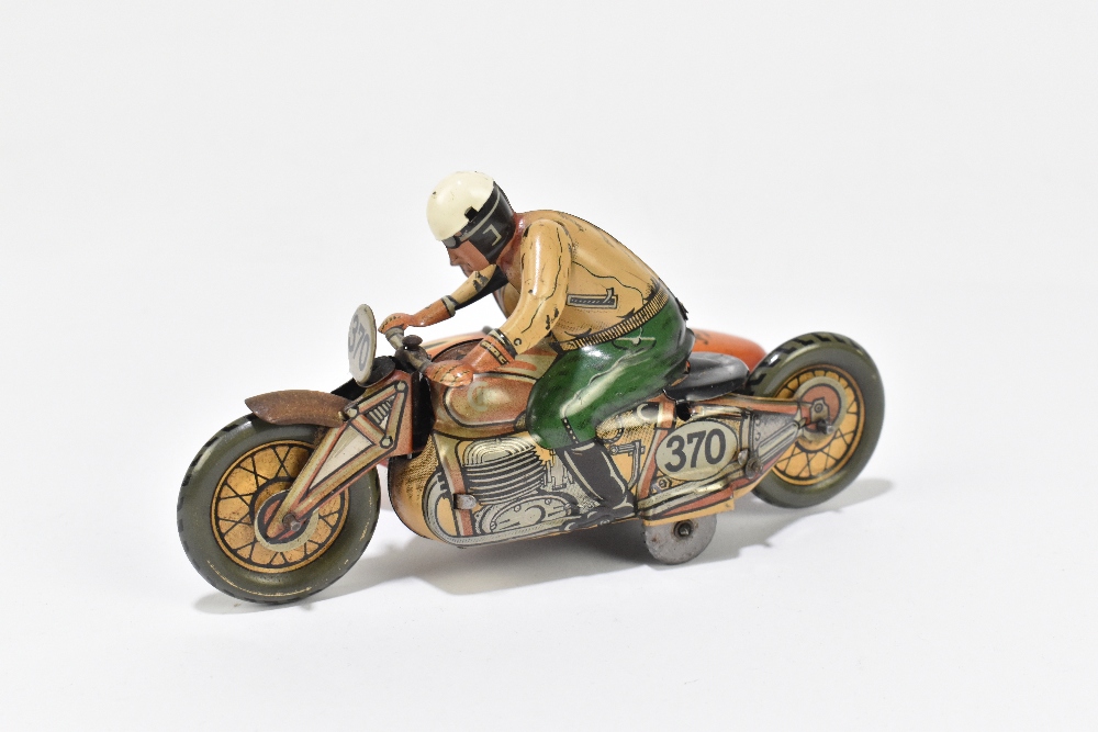 CKO KELLERMANN; a German tinplate clockwork motorcycle and sidecar 'Tourist', no.370, with rider and - Image 2 of 5