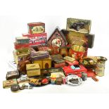 A large selection of vintage tins etc, including a Captain Bones High Treasure, and a bucket