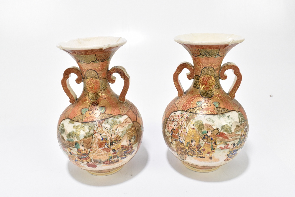 Seven pieces of early 20th century Japanese Satsuma comprising a pair of baluster form twin - Image 7 of 10