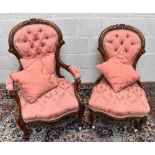 A Victorian carved walnut spoon back open sided armchair on scrolling legs together with a