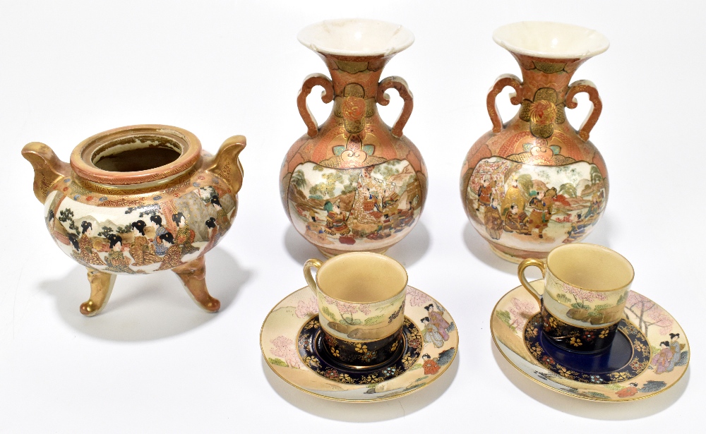 Seven pieces of early 20th century Japanese Satsuma comprising a pair of baluster form twin