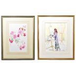 SHEILA WOOD; two watercolours, self portrait working at an easel, signed, 37 x 28.5cm, and a study