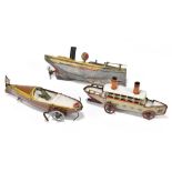An early 20th century vintage tinplate clockwork boat car with driver, length 16cm, with a similar