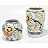 POOLE POTTERY; two Art Deco hand painted vases with floral decoration, height of largest example