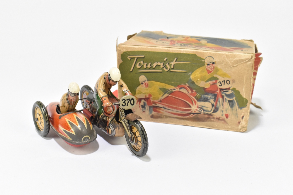 CKO KELLERMANN; a German tinplate clockwork motorcycle and sidecar 'Tourist', no.370, with rider and - Image 5 of 5