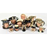 Seven small Royal Doulton character jugs including 'The Figure Collector', 'The Poacher', 'Rip van