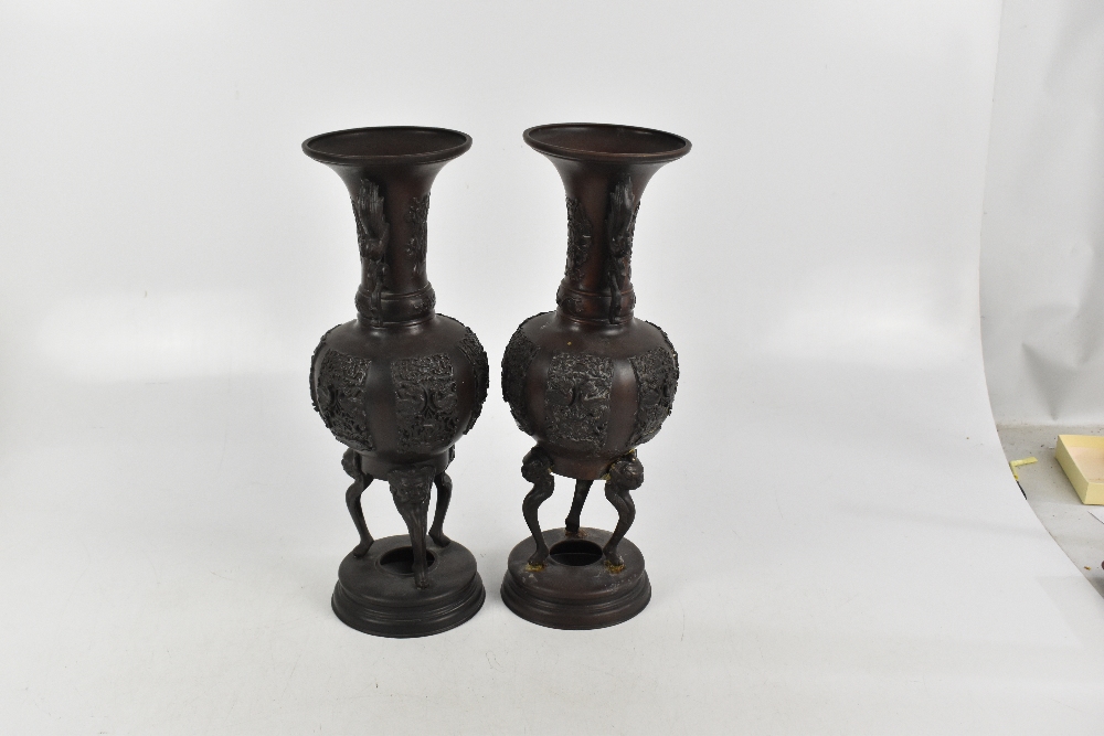 A pair of Japanese Meiji period bronze vases with moulded twin handles, height 43cm (2). - Image 2 of 6