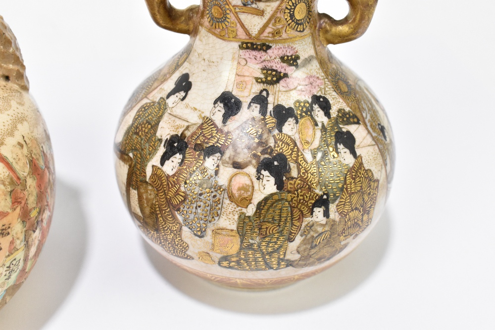 A Japanese Meiji period Satsuma baluster vase with moulded handles in the form of elephant heads - Image 3 of 6