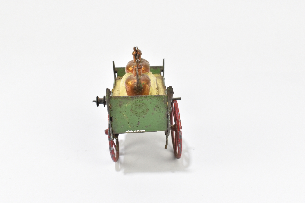 A 1920s tinplate toy modelled as a dog pulling a cart with three bottles titled 'Anvers', length - Image 3 of 4