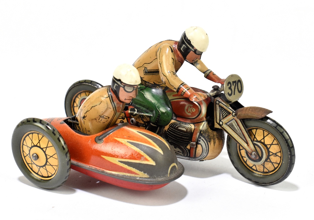 CKO KELLERMANN; a German tinplate clockwork motorcycle and sidecar 'Tourist', no.370, with rider and