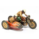 CKO KELLERMANN; a German tinplate clockwork motorcycle and sidecar 'Tourist', no.370, with rider and