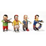 SCHUCO; four clockwork model clowns, three as musicians including drummer, violinist and cymbal