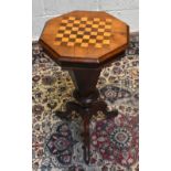 A Victorian walnut and chess top inlaid sewing table with octagonal hinged top on column tripod