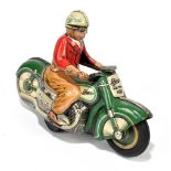 SCHUCO; a German tinplate clockwork Curvo 1000 motorcycle, with rider, length 12cm. PROVENANCE: