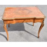An early 20th century French inlaid kingwood inverted breakfront writing table with gilt metal