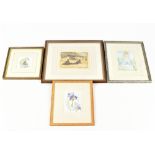 SHEILA WOOD; three watercolours, two signed, various sizes and an etching no. 1/1 'Family and the