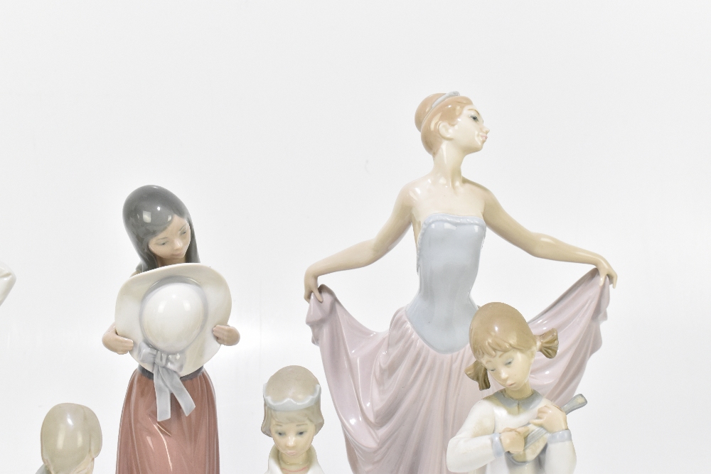 LLADRO; five figures including a dancing girl wearing a tiara and flowing dress, height 32cm, also a - Image 4 of 6