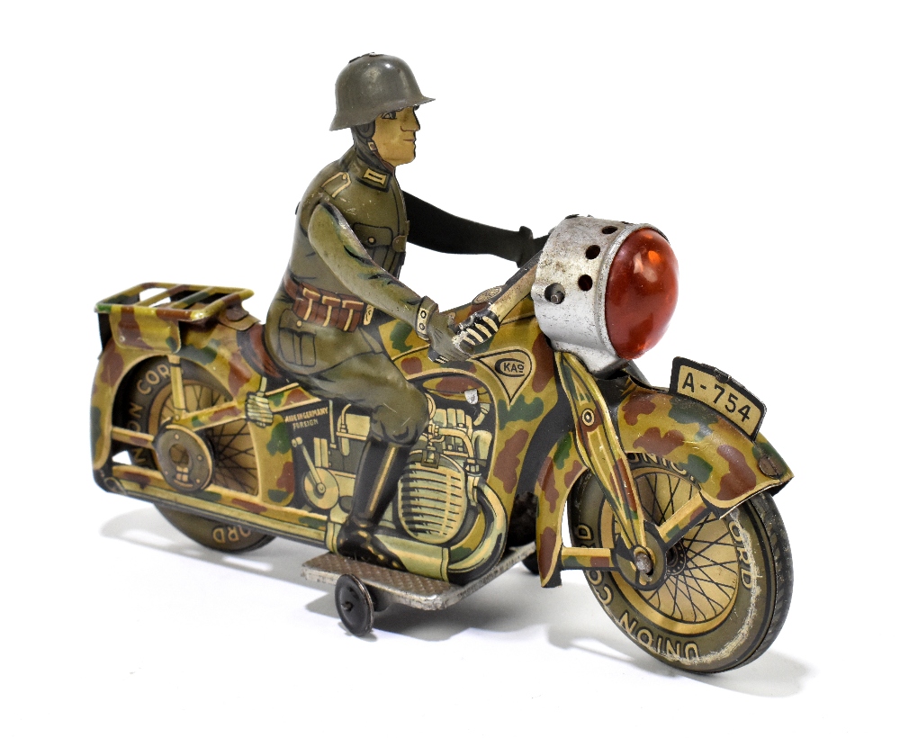 ARNOLD; a 1930s German tinplate clockwork A-754 motorcycle, modelled with a German soldier, length