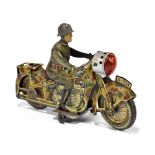 ARNOLD; a 1930s German tinplate clockwork A-754 motorcycle, modelled with a German soldier, length