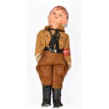 A 1930s German Hitler Youth child's doll, modelled in uniform with composition head, stitched