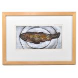 SHEILA WOOD; watercolour, 'Fish on a Plate', signed, 14.5 x 29cm, framed and glazed. (D)Additional