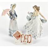LLADRO; two figures comprising a maiden wearing a bonnet hat and holding a parasol, height 32cm, and