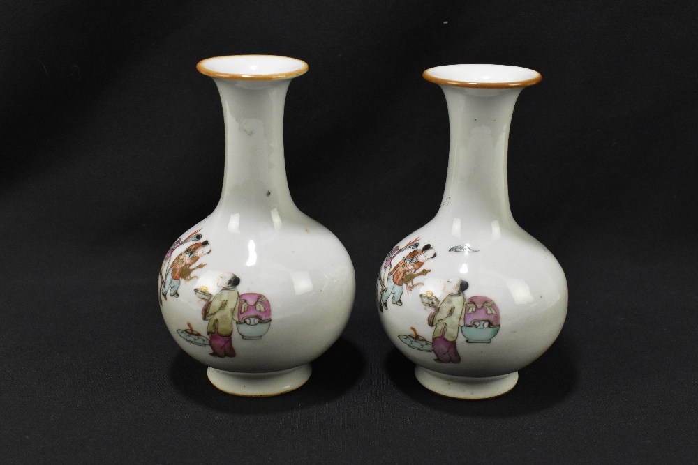 A pair of late 19th century Chinese porcelain bulbous vases with flared necks, each decorated with - Image 2 of 6