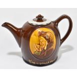 ROYAL DOULTON; a Kingsware teapot, 'The Cup That Cheers', hallmarked silver mounted cover, silver