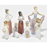 LLADRO; five figures including a dancing girl wearing a tiara and flowing dress, height 32cm, also a