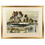 DONALD BOSHER; watercolour, 'November Floods', signed, inscribed on Royal Institute of Painters in