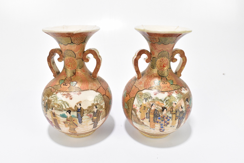 Seven pieces of early 20th century Japanese Satsuma comprising a pair of baluster form twin - Image 8 of 10