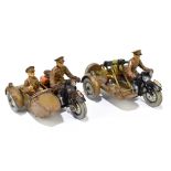 ELASTOLIN; a pair of tinplate and Elastolin models of motorcycles and sidecars, one no.591 with a