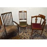 An Edwardian inlaid corner chair, a folding chair and rush seated elbow chair (3).