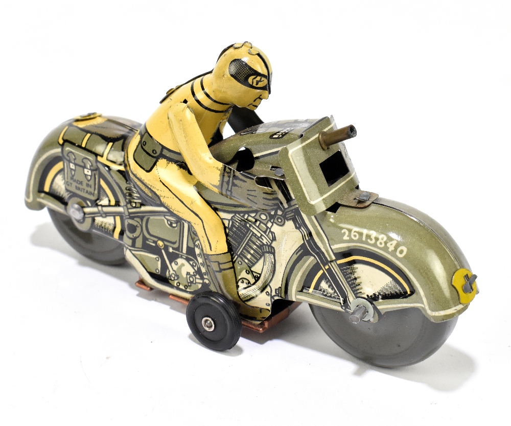 METTOY; a British tinplate motorcycle no.2613840, and rider, length 14.5cm. PROVENANCE: The