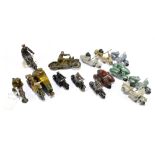 A collection of seven diecast motorcycles including an Ebee Toys clockwork motorcycle and sidecar (