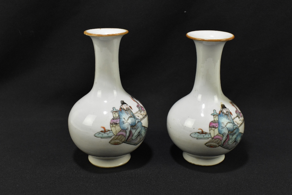 A pair of late 19th century Chinese porcelain bulbous vases with flared necks, each decorated with - Image 4 of 6