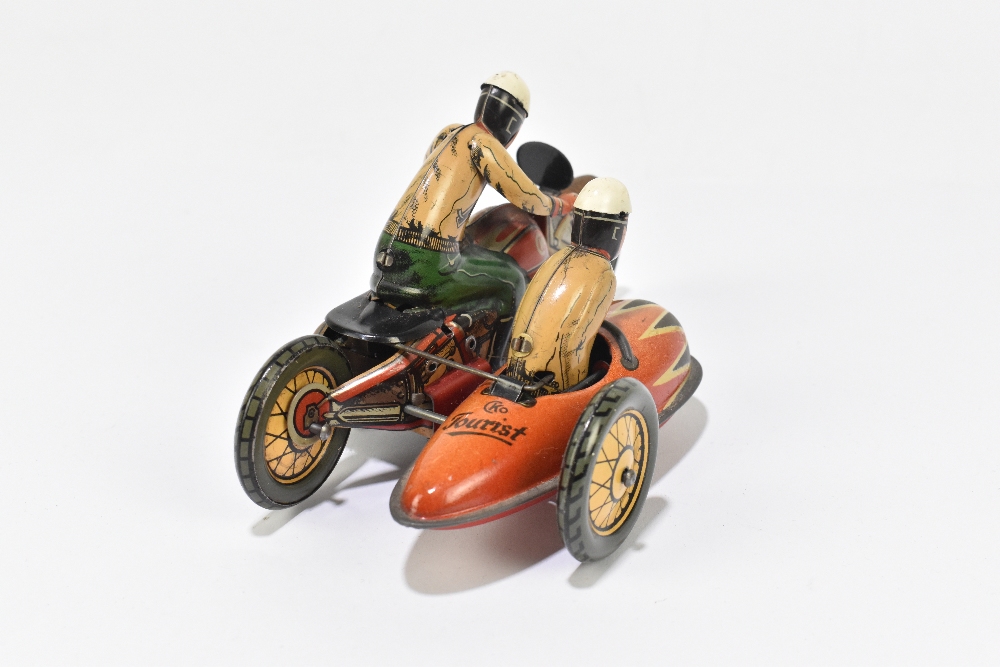 CKO KELLERMANN; a German tinplate clockwork motorcycle and sidecar 'Tourist', no.370, with rider and - Image 3 of 5