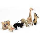 A collection of six vintage clockwork animals comprising a Fairylite 'Steady Neddy' in original box,