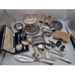Quantity of silver plated and white metal including cigarette cases, serving cutlery, condiments,