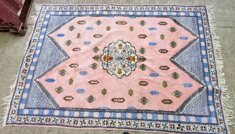 Large rug. Pink and blue. Approx 240 x 180cm.