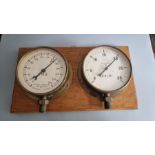 Railway interest. 2 gauges decoratively mounted for a display. condition B R has minor glass crack