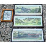 3 x railway carriage prints. 66 x 47cm plus framed cigarette cards (4) includes C Hamilton Ellis