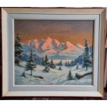 Oil on canvas of a mountain scene. Signed. see images. Framed 76 x 66cm