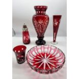 Quantity of Bohemian style red and clear glass. (5)