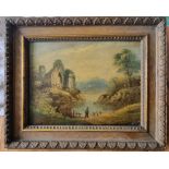 19thC oil on board of a lake with ruins. 29 x 24cm inc frame
